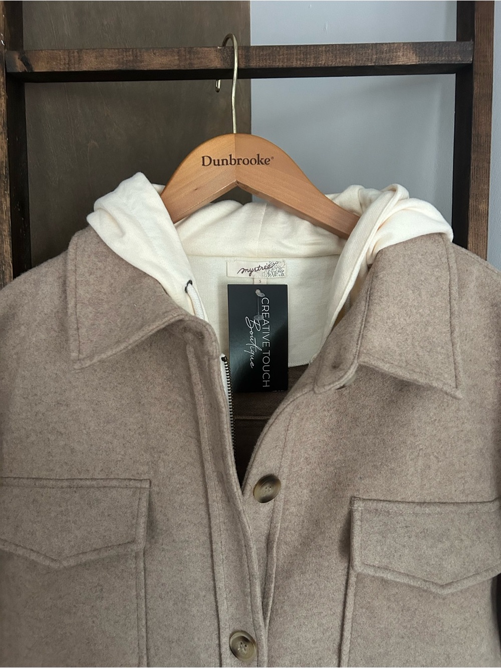 Mystree Taupe Long Coat with Faux Zip Up Hoodie